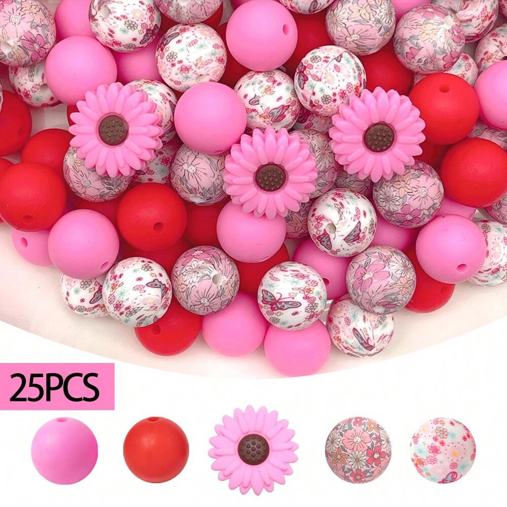 25PCS daisy and floral printed silicone bead set, punk style, suitable for DIY keychains, bracelets, bead pens