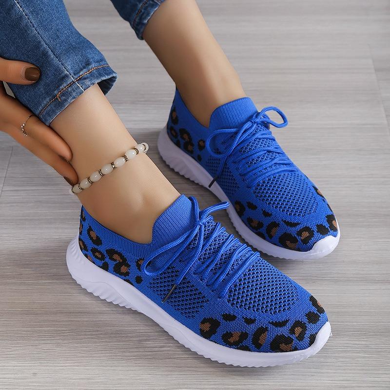 Women's shoes spring new leopard print fly-woven flat-bottom mesh casual sports single shoes women