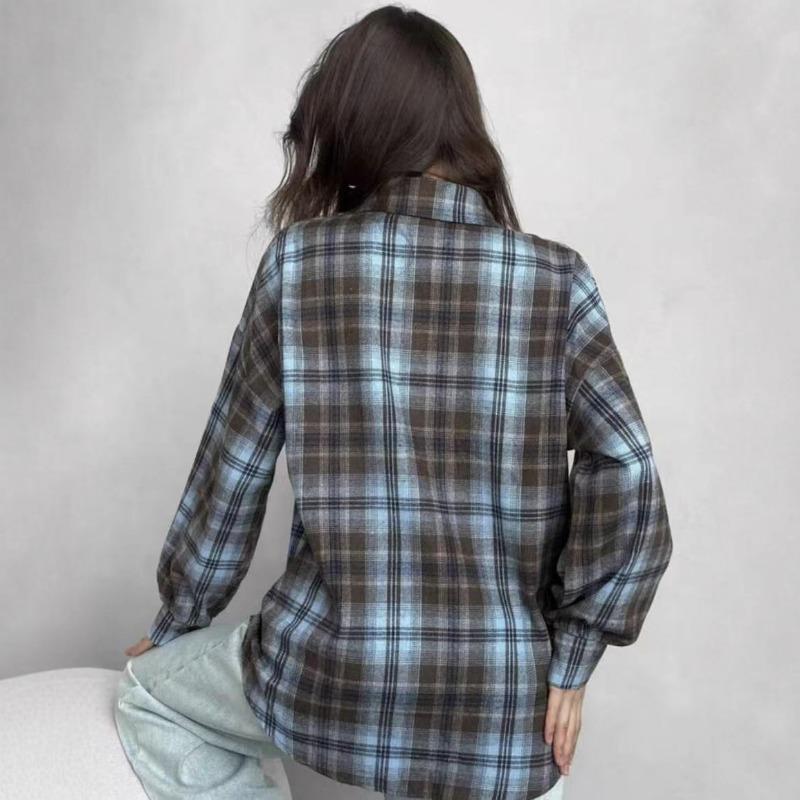 women plaid button down shirt collared long sleeve casual oversized fit blouse