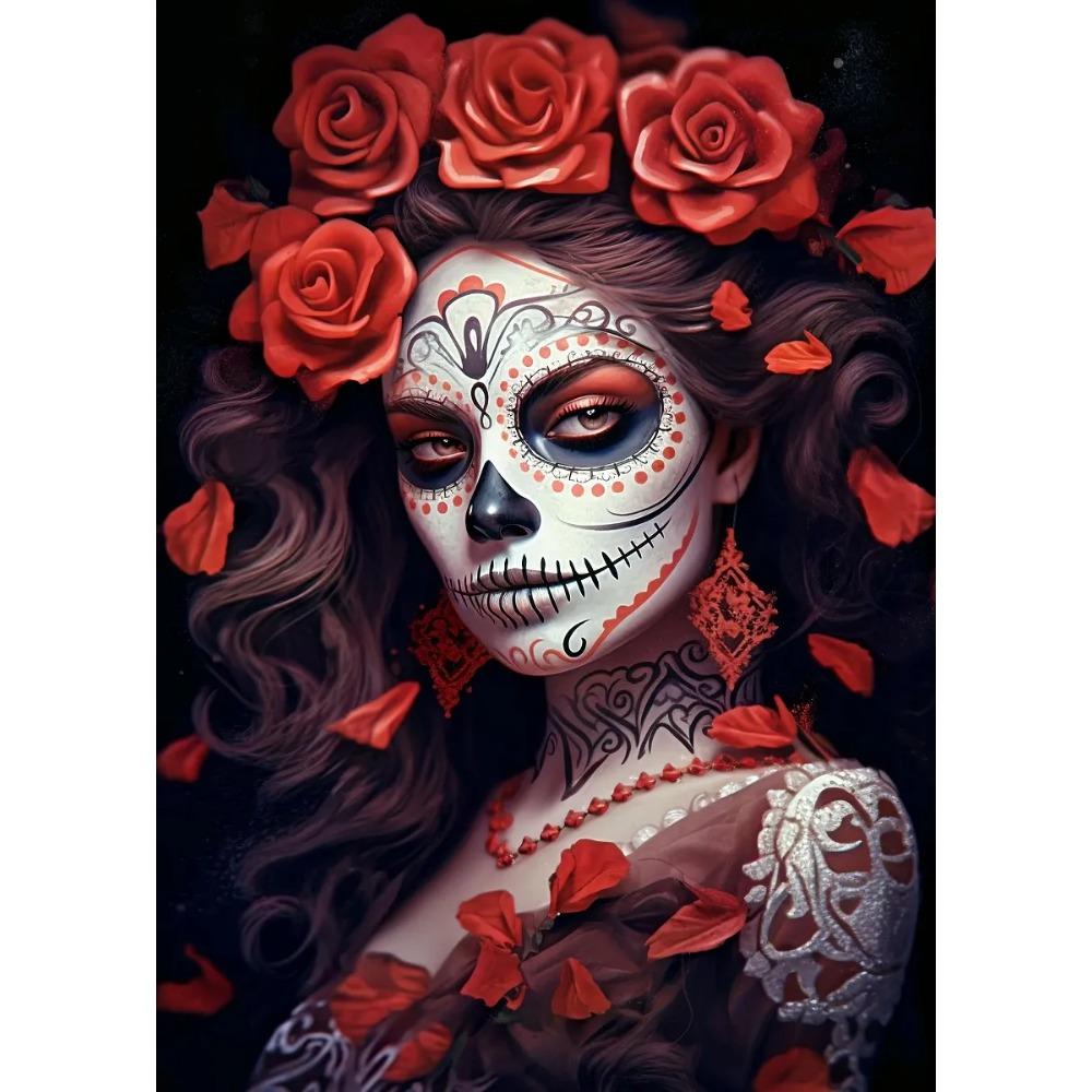 Terrifying Los Muertos Sugarskull Girl with Flowers Posters Day of the Dead Prints Canvas Printing Wall Pictures Home Room Decor
