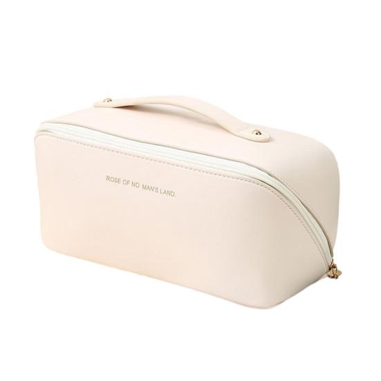 

Дорожня косметичка, що розкривається пласко, водонепроникна, зі штучної шкіри, органайзер для туалетного приладдя з кількома відділеннями для відпустки бежевий