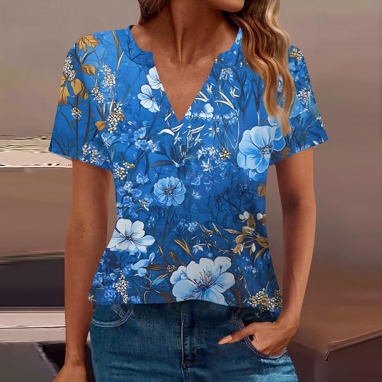 

Женская футболка Футболка с принтом с коротким рукавом Повседневные выходные Мода Базовый топ с V-образным вырезом Обычный топ S синий