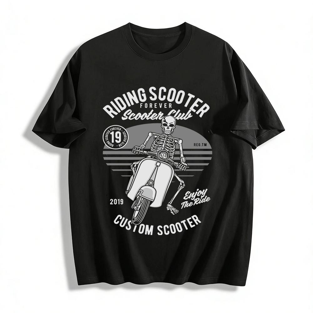 Skeleton Riding Scooter Club Graphic Tee Retro Biker Rider Culture Top Pure cotton T-shirt XXS