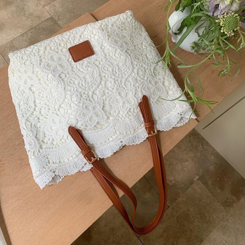 Lace Tote Bag Women Large Capacity Soft Structured Shoulder Sweet Chic Style Casual Travel Handbag