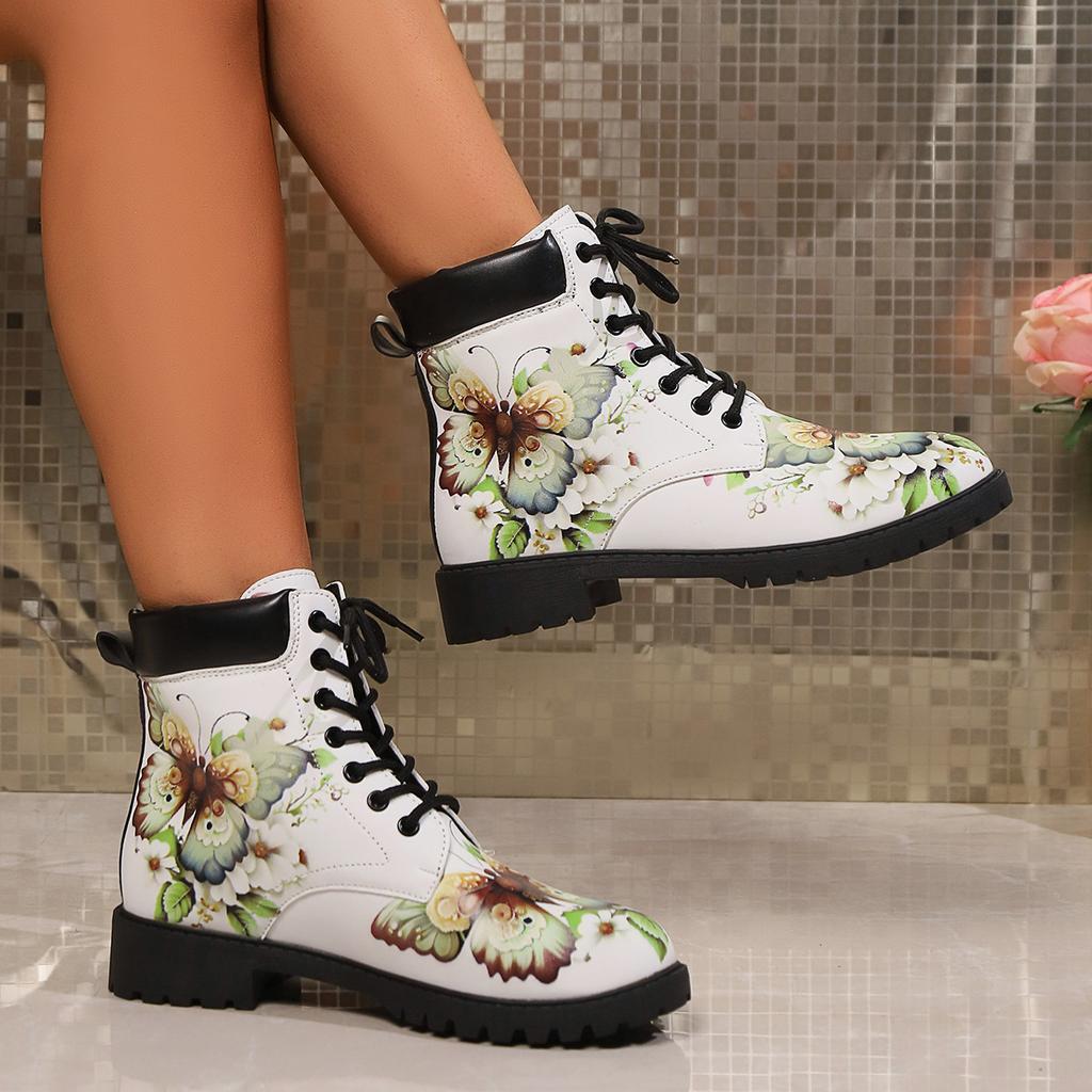 Boots Woman Elegantes Lace Up Low Heel Ankle Botas Mujer Ladies Casual Shoes Retro Round Toe Printing Boot Chelsea Bottes Femmes