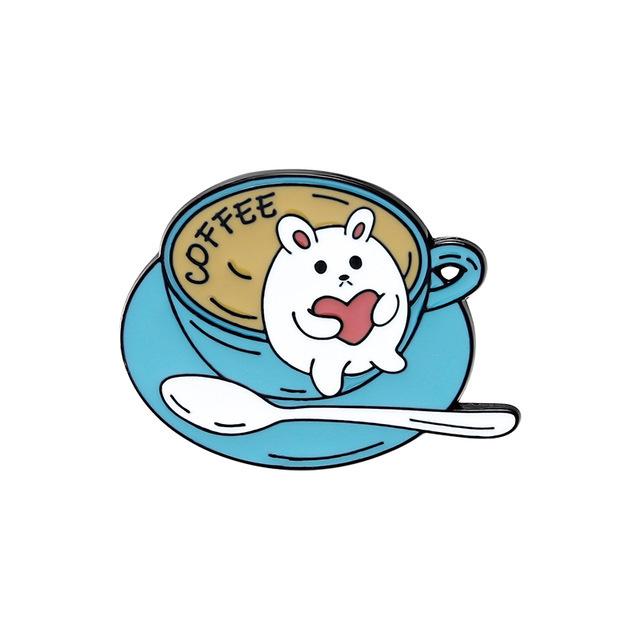 White Rabbit & Cat Coffee Bath Drip Oil Brooch - Creative Versatile Badge