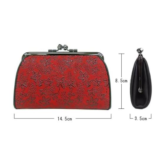 Inden-ya Inden Coin Purse 340 Parent-Child Gamaguchi Coin Case 1501 Red Deer Leather X Black Lacquer Grape Pattern 8.5cm (H) X 14.5cm (W) X 3.5cm (D)