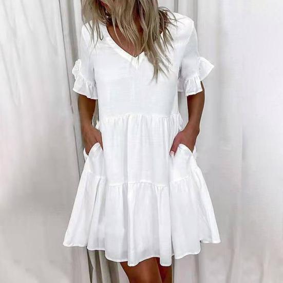 Summer Women Dress Color Block Short Ruffle Sleeve V Neck Pockets Floral