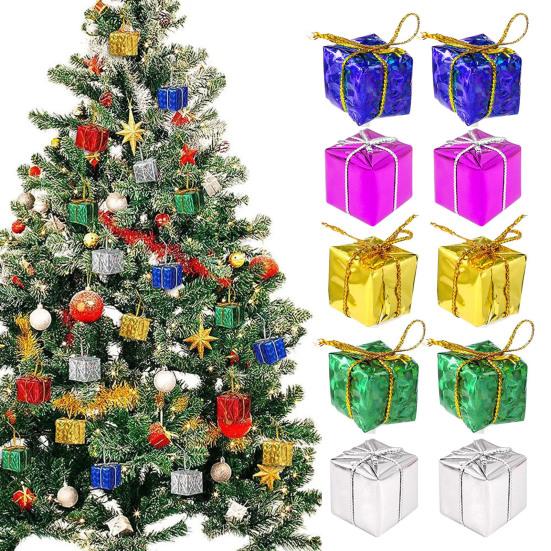 12 Pcs Christmas Shiny Mini Boxes Ornaments Miniature Gift Box Hanging Decorations for Christmas Birthday Wedding Holiday Party Favors