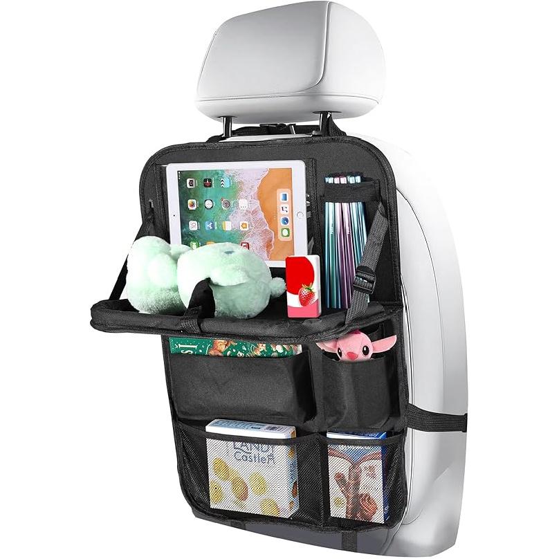 Backseat Car Organizer With Touch Screen Tablet Holder, Storage Pockets, Foldable Food Tray, Kick Mats Back Seat Protector, Travel Accessories For