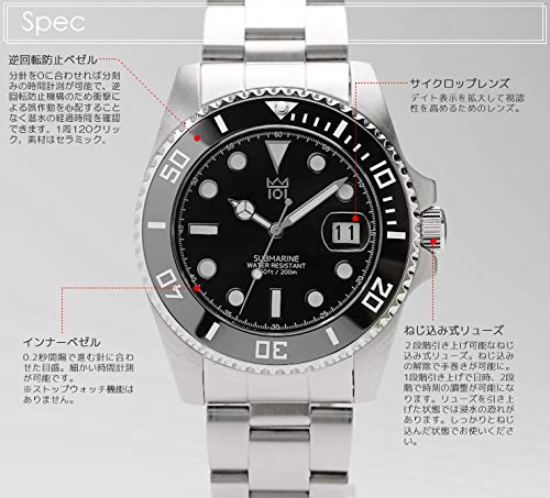 HYAKUICHI 101 No.1Z Men's Quartz Dive Watch, 20 ATM Water Resistant, Ceramic Bezel, Calendar, Metal Band (Black)
