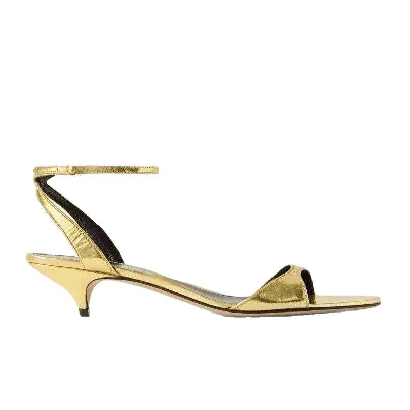 

Мода 2025 Сексуальные слинбэки Женские туфли на высоком каблуке Сандалии с открытым носком Туфли-лодочки Вечеринка Натуральная кожа Свадебная обувь Офис Размер 34-43 40 золотой