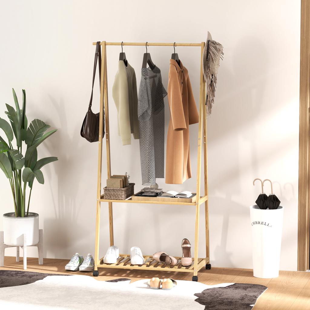 Bamboo Coat Rack with Shoe Shelf and 2 Hooks, Mobile, Natural