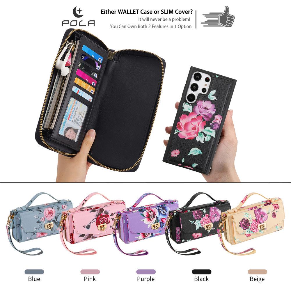 Crossbody Flower Wallet Leather Case For Samsung Galaxy S25 S24 Ultra S23 S22 Note 20 Detachable Wristband Cards Phone Cover
