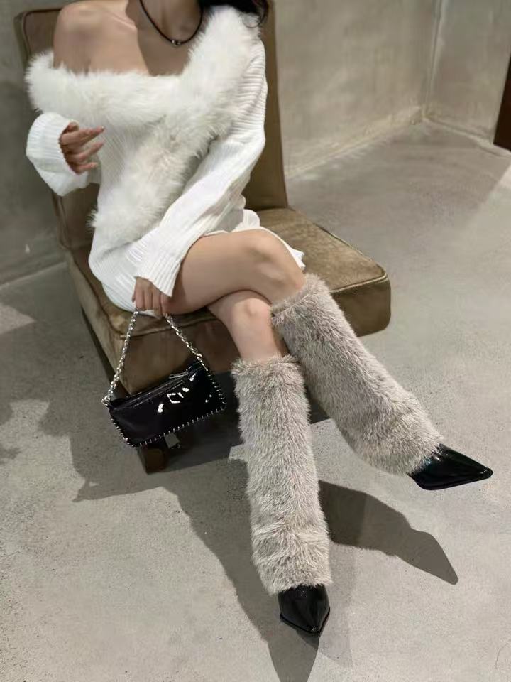 Fashion The 2025 Autumn/winter New Style of Fashionable and Warm Furry Pointed-toe Thin-heeled Stylish Long-sleeved Fashion Boots