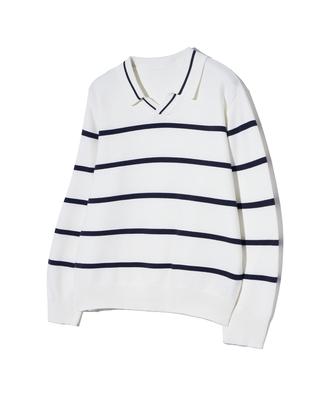 IRONYPORNO WHITELINE 86-Iroj365 Open-Neck Striped Long-Sleeve Knit White