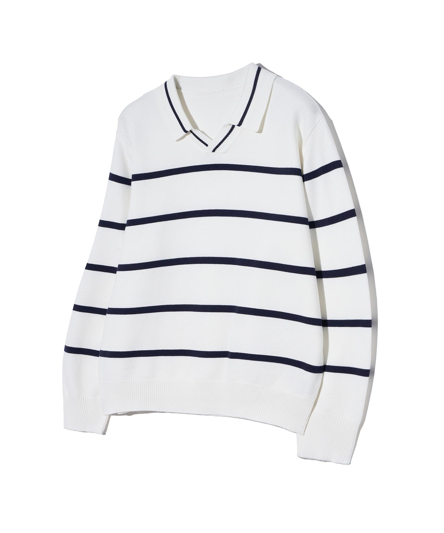 Irony Porno White Line 86-Iroj365 Open-Neck Striped Long-Sleeve Knit White White/M