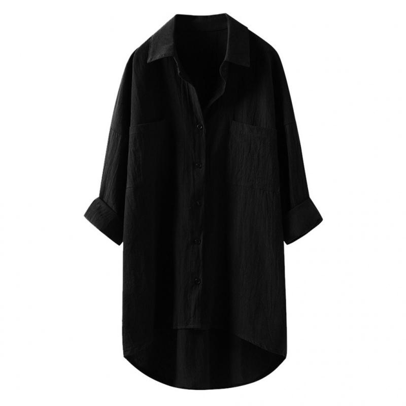 2026 Lente en Herfst Nieuw Dames Casual Stijl Effen Kleur Shirt Katoen Linnen Vest met Dubbele Zakken Lange Mouw Top