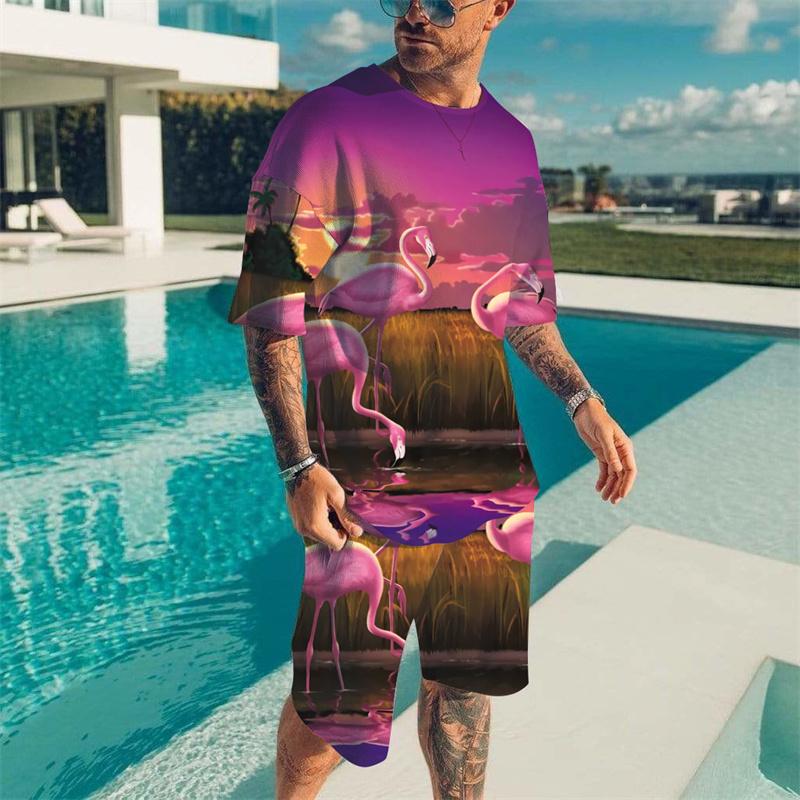 Summer Tribal Printed Men's T-shirt Set Round Neck T-shirts 2 Piece