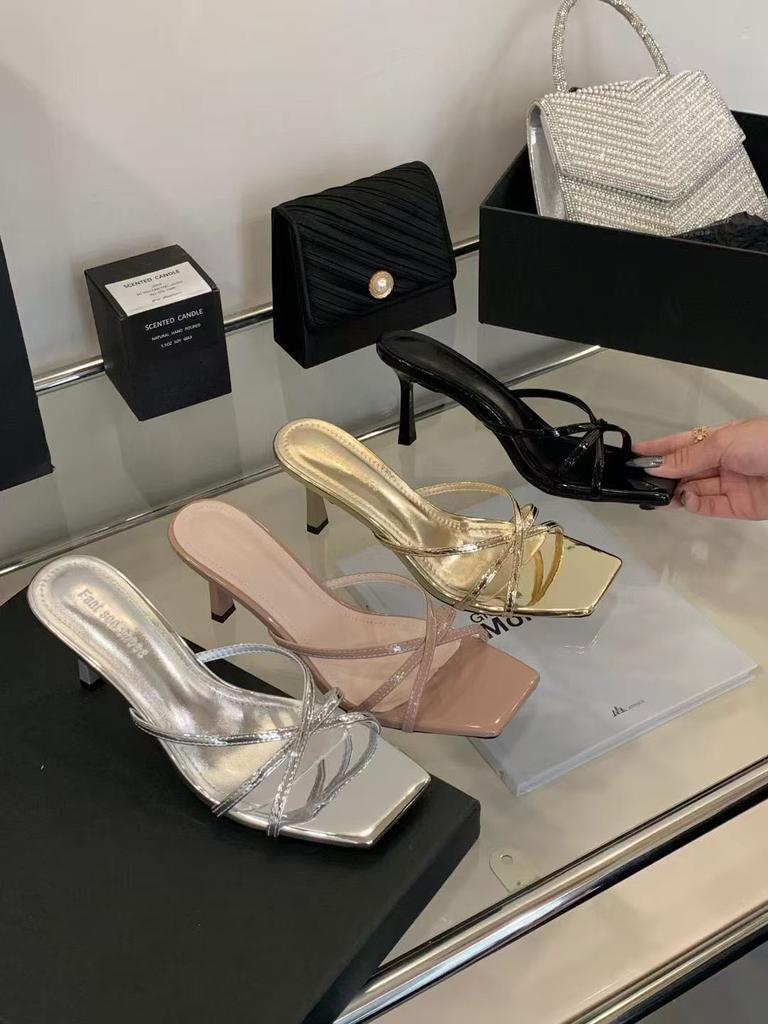 In the Summer of 2025, the New One-word Strap Square Head Open-toed Hollow Stiletto Lazy Person Wears Half-drag Holiday Sandals Women