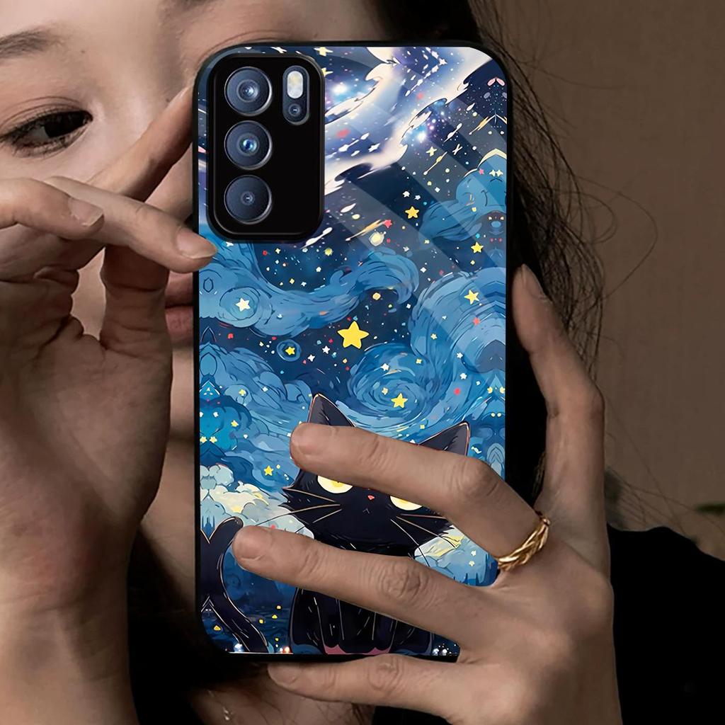 Case for OPPO Reno6 5G Anime Black Cat Starry Cloud Print Phone Cover Acrylic Hard Back Shell With Flexible TPU Edge