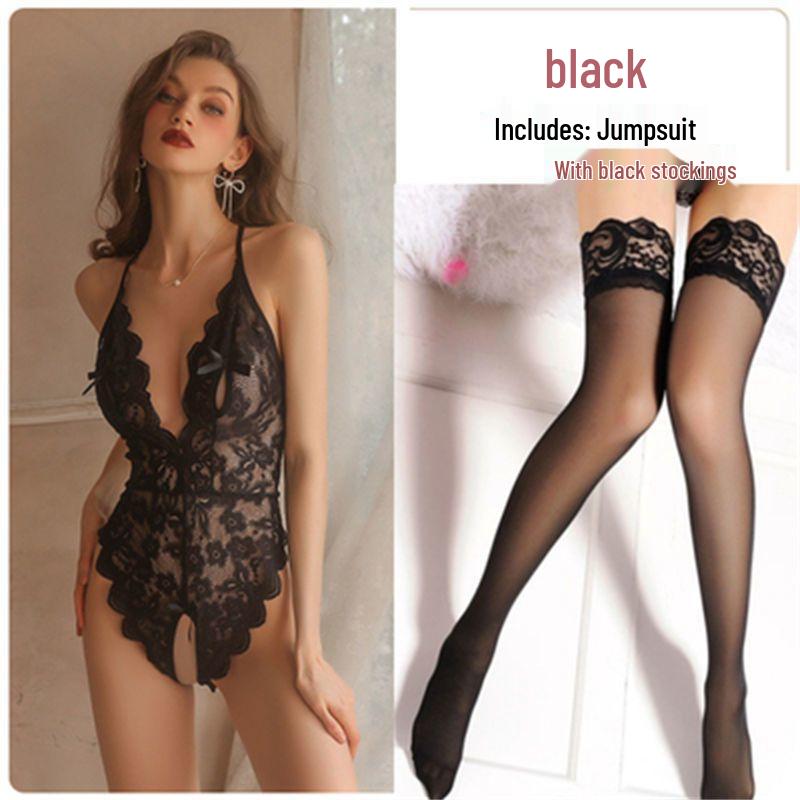 Pure Desire Lace Sleepwear Set: Sexy See-Through, Deep V, Backless, Open Crotch, Removable for Ultimate Temptation