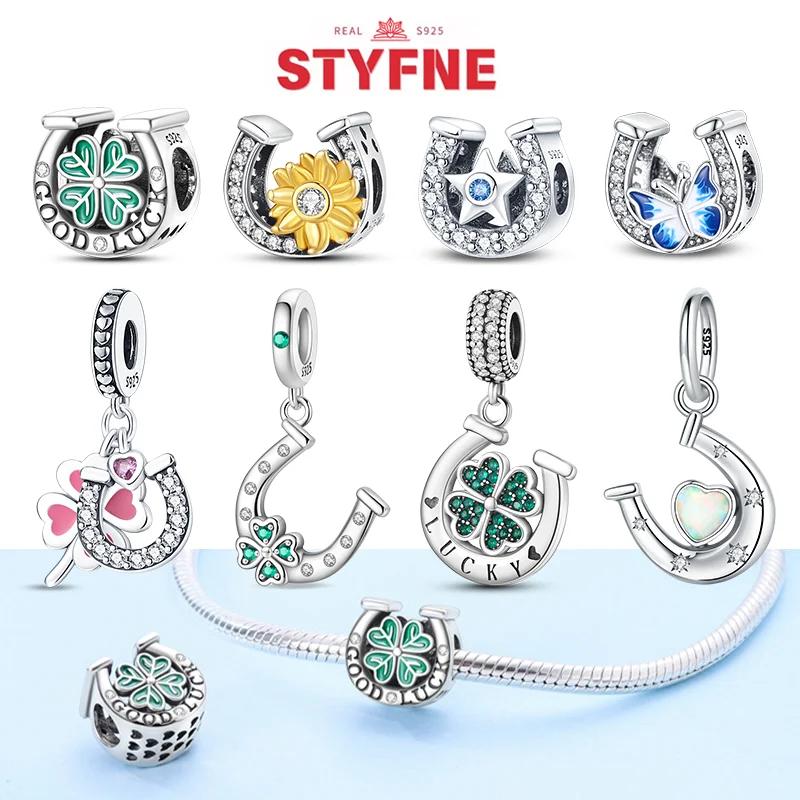 Silver S925 Lucky Charms Colorful Four-leaf Clover Horseshoe Beads Fit Original Bracelets for Women Party Fine Gifts DIY