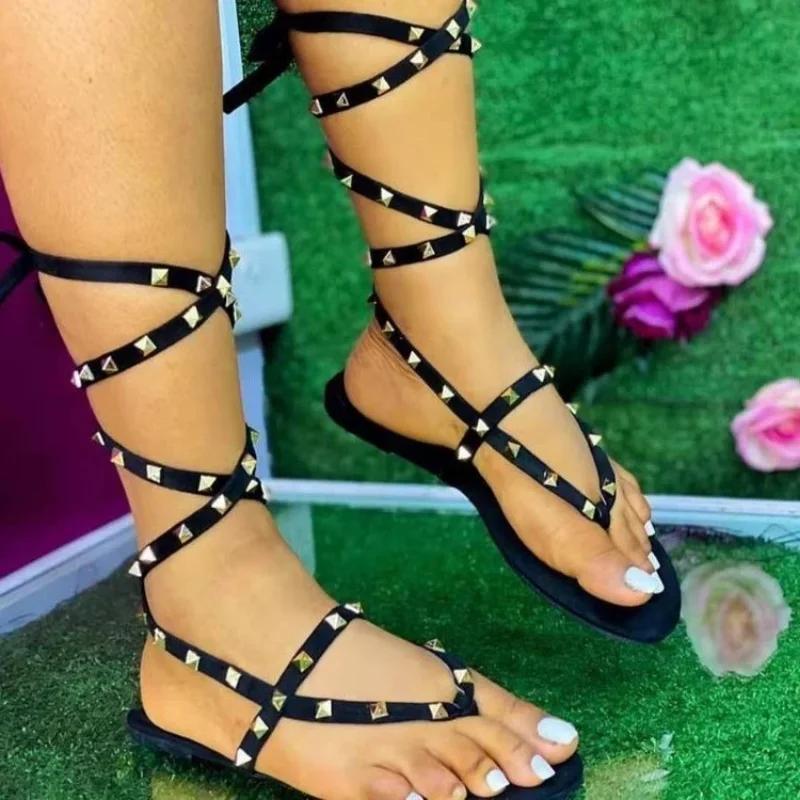 Fashion Shoes for Women 2025 Summer Fashion Gladiator Ladies Sandals Studded Pinch Toe  Straps Flat Casual Shoes Sandalias De Mujer