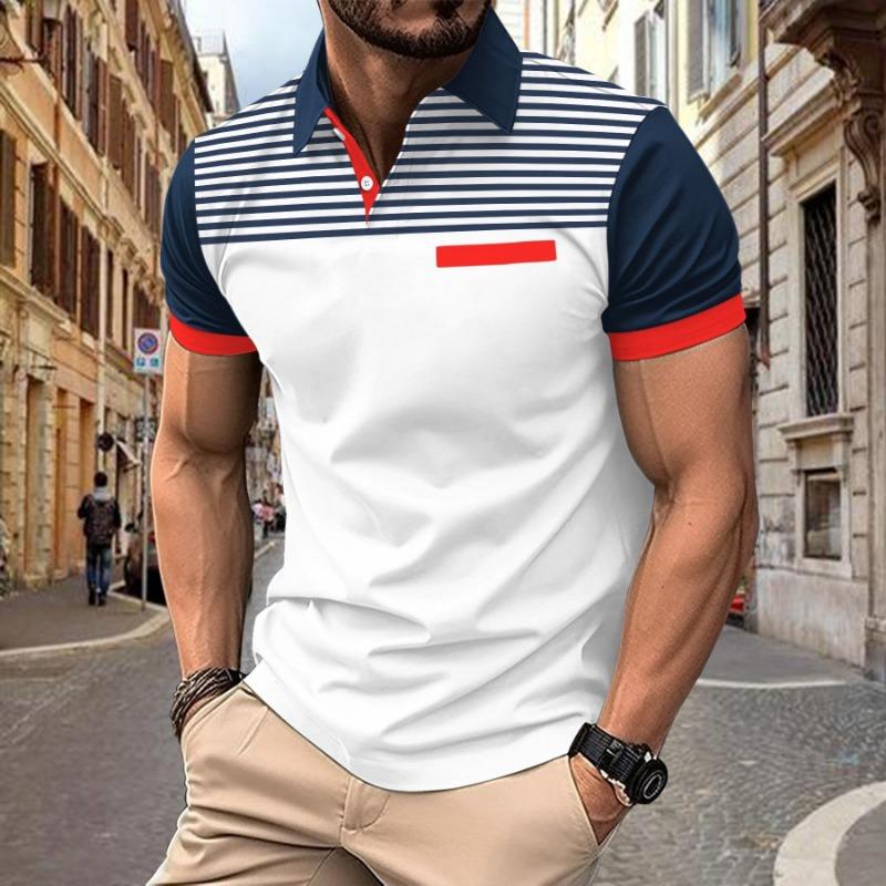 Men Color Block Striped Polo Shirt Short Sleeve Casual Button Down Top