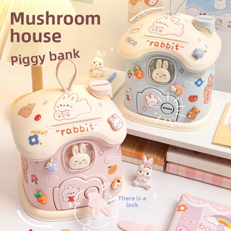 Mushroom House Piggy Bank For Kids With Diy Stickers And Durable Plastic Material