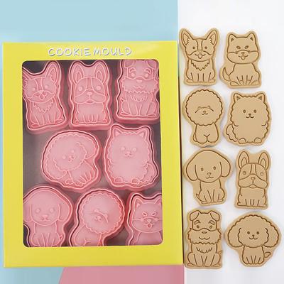 Set de 8 bucăți Forme de tăiat fursecuri în formă de câine Plastic 3D Desen animat Presabile Matriță pentru biscuiți Ștampilă pentru fursecuri Instrument pentru copt în bucătărie