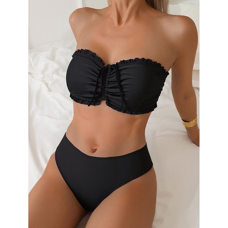 Solid Color 2 Piece Swimsuit Sexy Ruffle Strapless Backless Bikini Set Beach Vacation High Waist Swimwear Bathing Suit