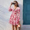 Women's Lace Trim V Neck Floral Print Mini Dress, Long Sleeve Casual Vacation Boho Ruffle Hem Beach Dress for Women