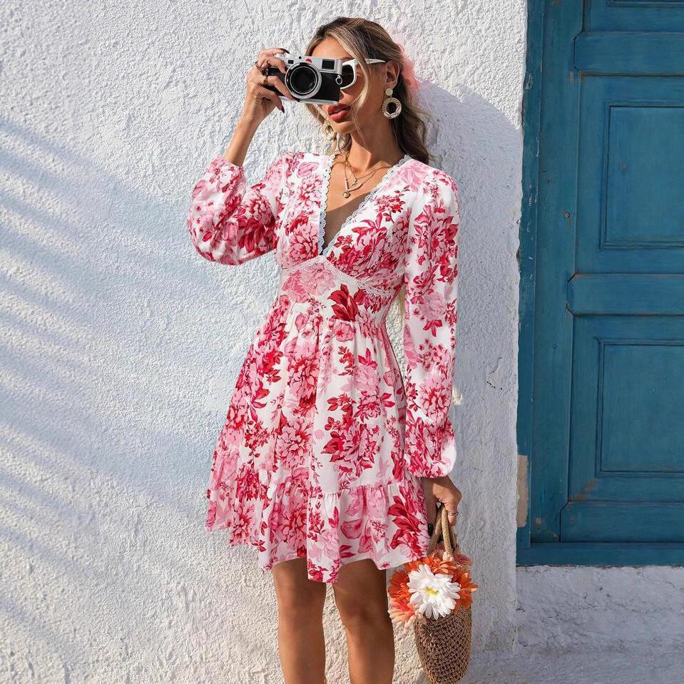 Women's Lace Trim V Neck Floral Print Mini Dress, Long Sleeve Casual Vacation Boho Ruffle Hem Beach Dress for Women