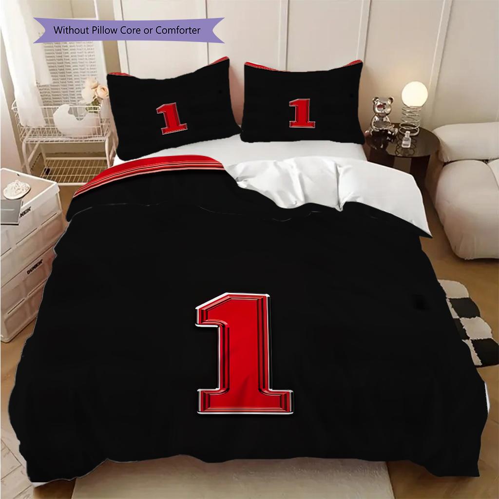 Red and Black Sports Jersey Number Bedding, Duvet Cover, Pillowcase, Home Decoration, Birthday Gift (1 * Duvet Cover+2 * Pillowcase, Coreless)