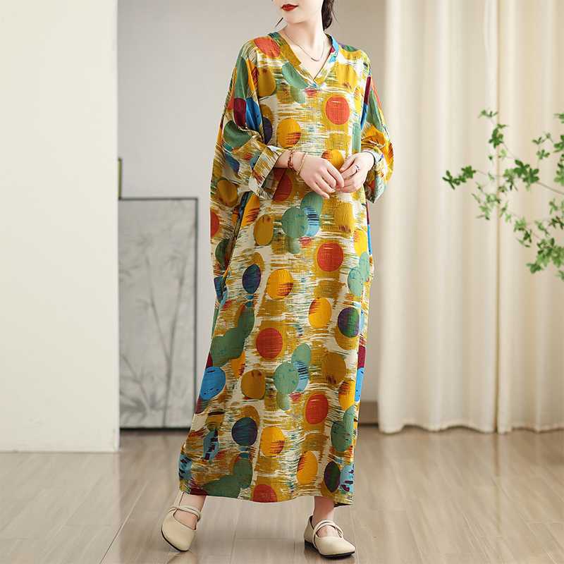 New Color Travel V-neck Retro Long Skirt Cotton Linen Dress