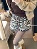 Women's High-Waisted Casual Caramel Lamb Wool Shorts - Winter Loose Fit Fair Isle Pattern