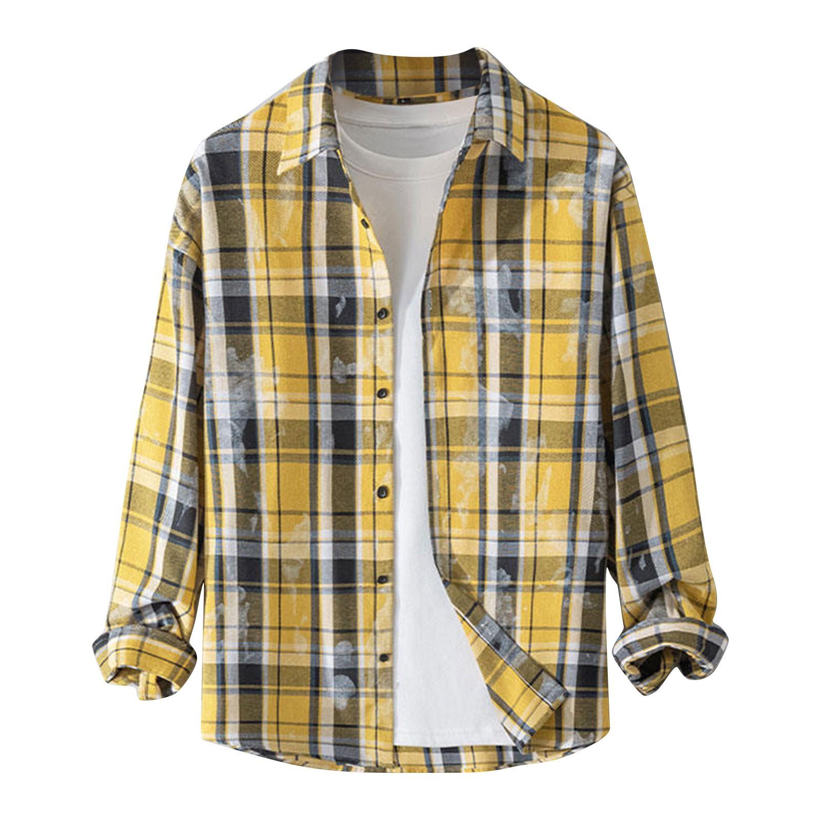 

Мужская осенняя повседневная свободная клетчатая рубашка с длинным рукавом на пуговицах XL жёлтый