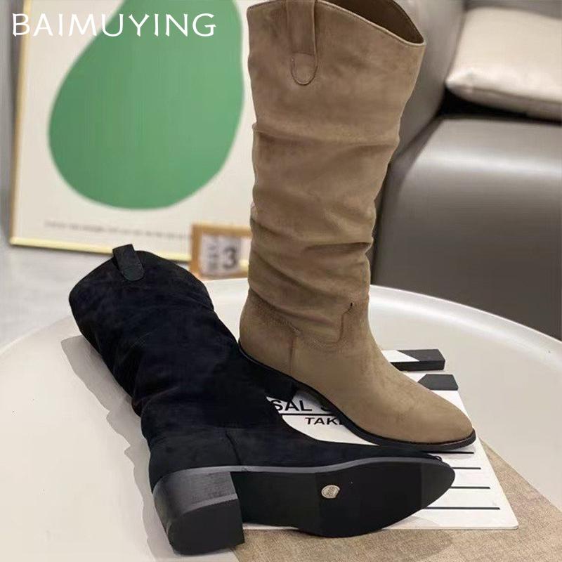 Pointed Toe Women High Boots Suede Winter Mid Heels Designer Shoes 2025 Trend Chunky Pumps Knee High Classic Chelsea Botas Mujer