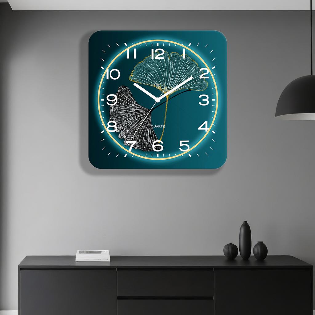 New Chinese Style Blue and Green Two-color Ginkgo Leaf Square Ginkgo Leaf Wall Clock