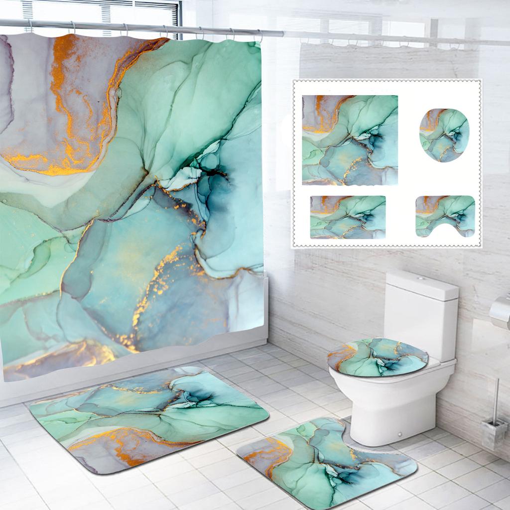 Bathroom Shower Curtain Floor Mat Four-Piece Set, Marble Style, Partition Curtain Floor Mat Three-Piece Set