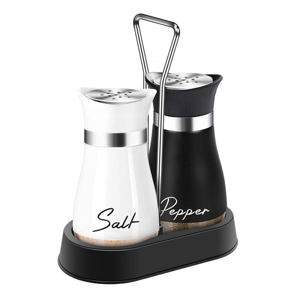 2Pcs/Set Salt & Pepper Kitchen Glass Spice Bottle Refillable Black Condiment Jar with Pour Holes with Rack Spice Dispenser