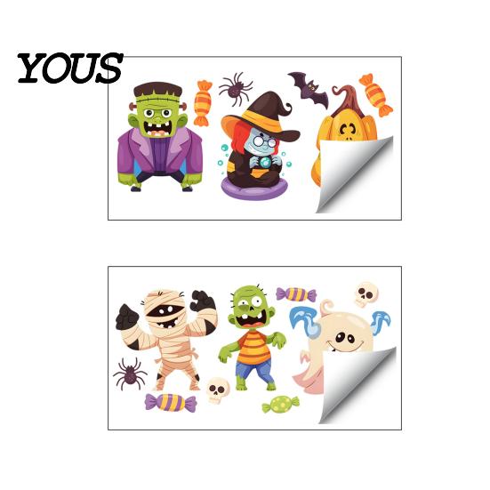 Festive Holiday Home Decor Halloween Static Window Clings, Cartoon Ghost Pumpkin Witch Monsters Decals, Waterproof Creative Gifts for Removable