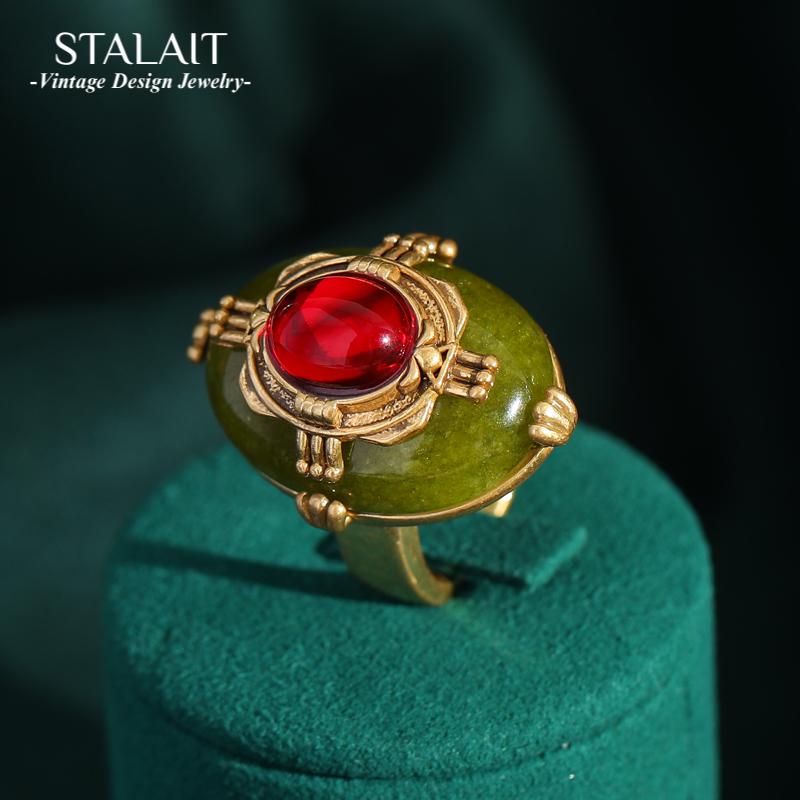 Vintage Retro Palastgrünes Emaille Rotes Glas Ringe Französische Goldfarbe für Damen Mode Hochzeits Schmuck Retro Braut Accessoires