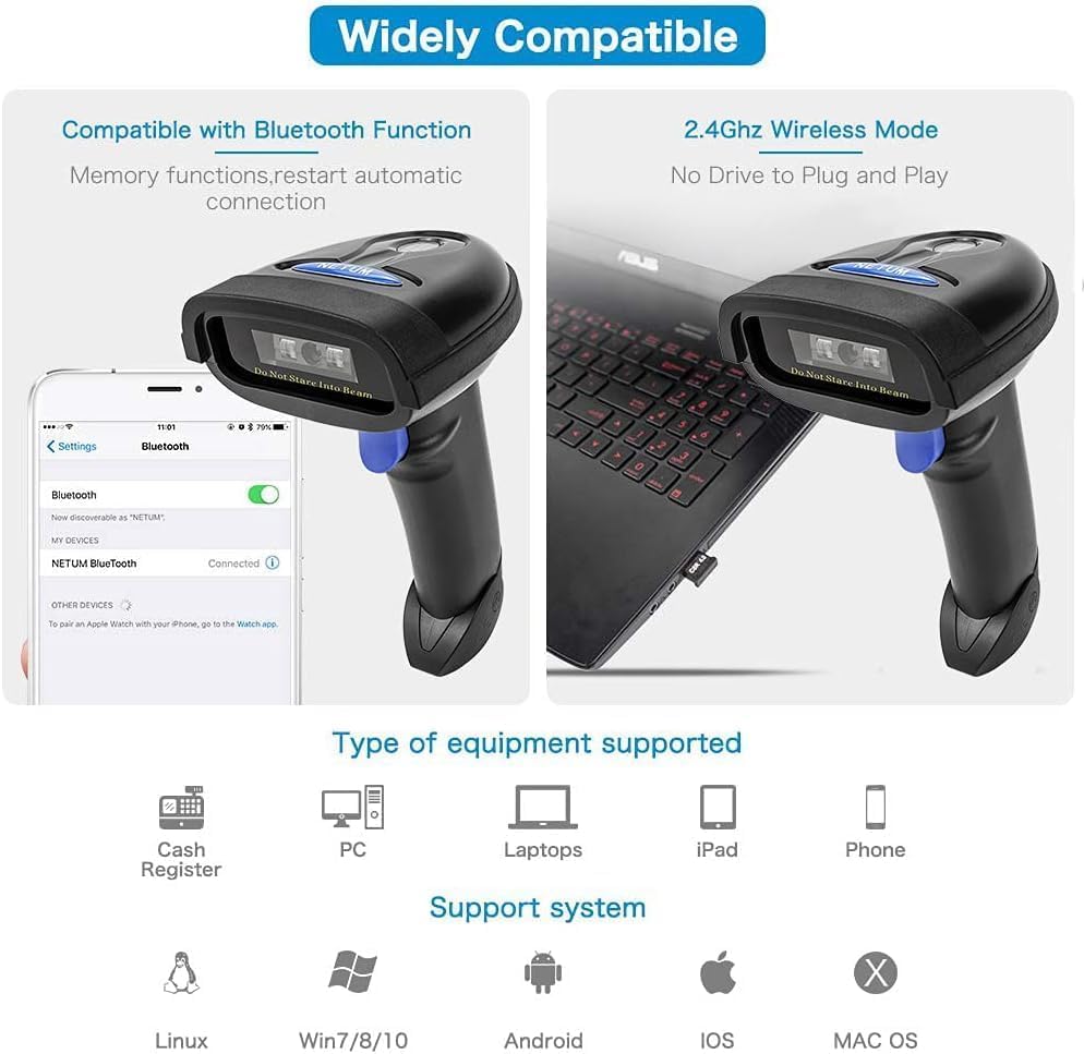 NETUM Bluetooth Barcode Scanner, 2.4G Wireless, Bluetooth & Wired Connection Compatible, for Smartphones/Tablets/PCs/CCD Barcode Reader, Windows/Mac/A