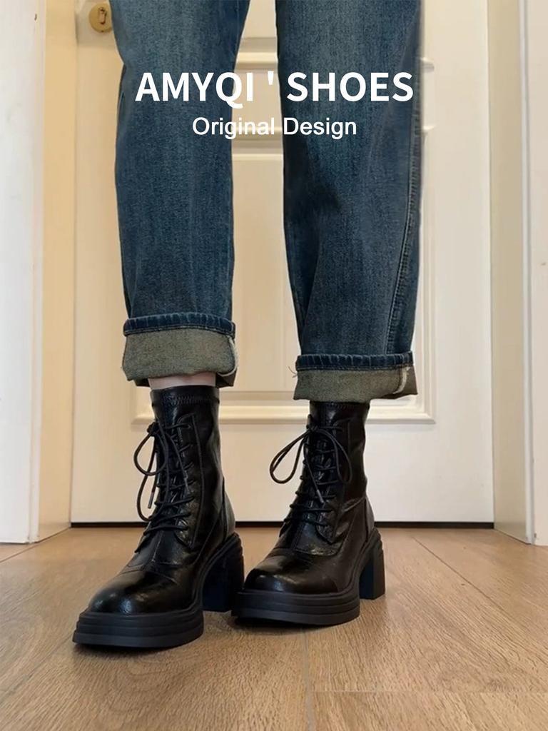 [Fanfna] 2025 new temperament lace-up platform Martin boots for women, retro rear zipper locomotive short boots for women