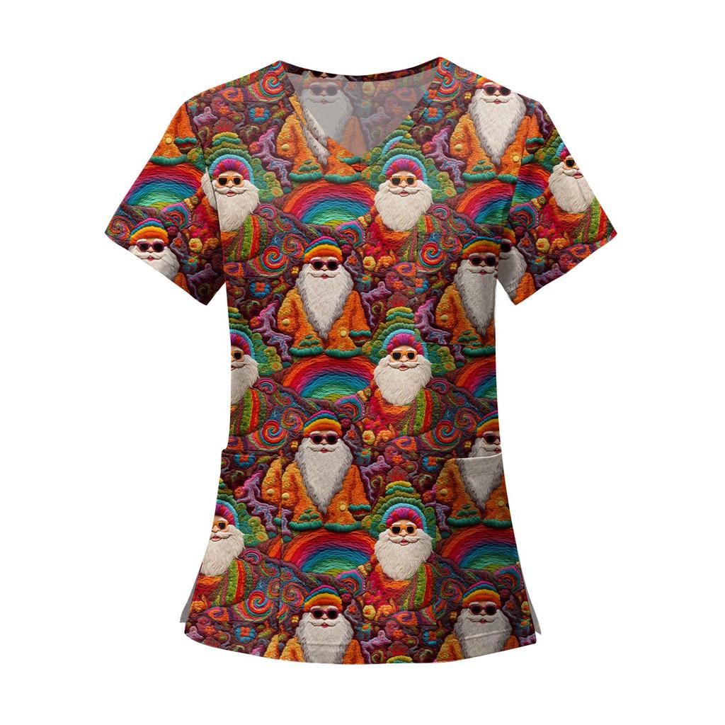 Women's Fashion Printed Short Sleeve V Neck Pattern Tops Pocket Working T-shirts