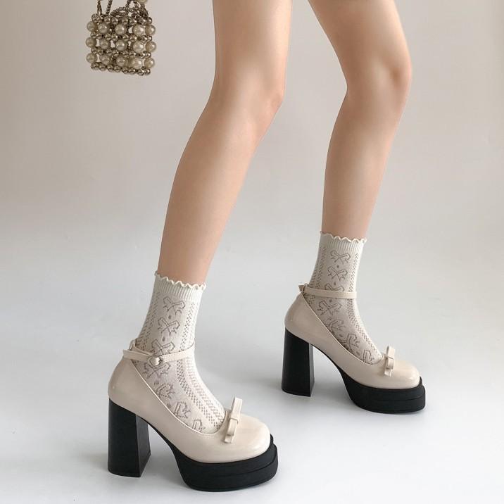 White French Retro Thick Heel High Heels Women's 2025 New Summer with Skirt Bow Mary Jane Single Shoes