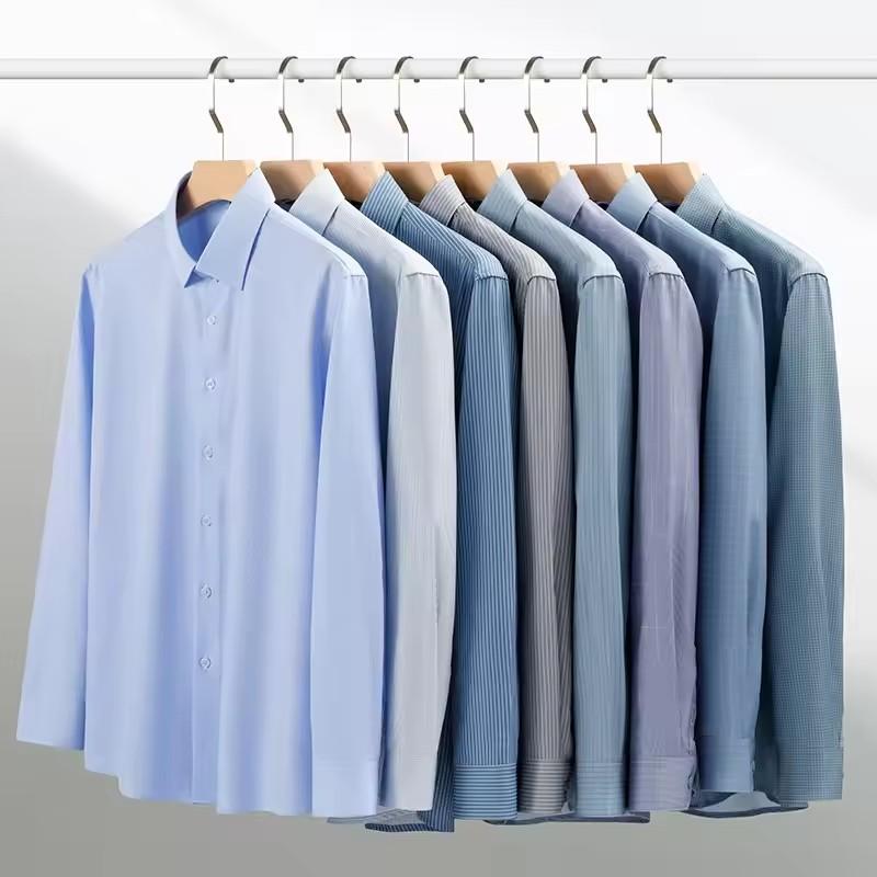 New Anti-Wrinkle Mens Plaid Stripe Shirts Autumn Spring Long Sleeve Thin Non-ironing Smooth Business Daily Social Man Clothing