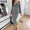 Women's Fashion Spring Fall Flower Pattern Print Long Sleeve V-Neck High Waist Casual Dresses